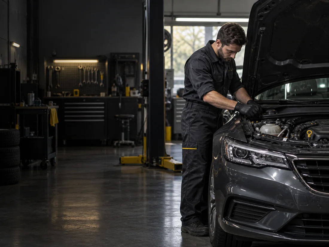 A mechanic inspecting a car engine in a professional auto repair workshop