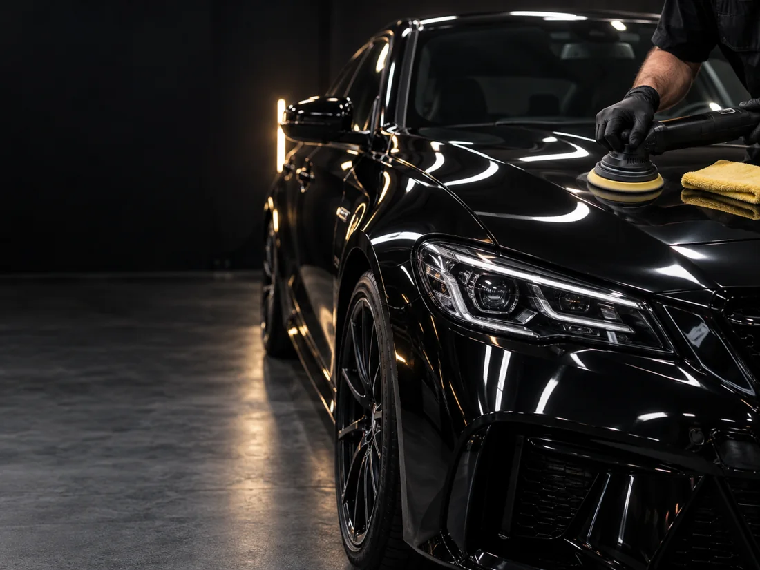 A professional detailer polishing the hood of a glossy black car