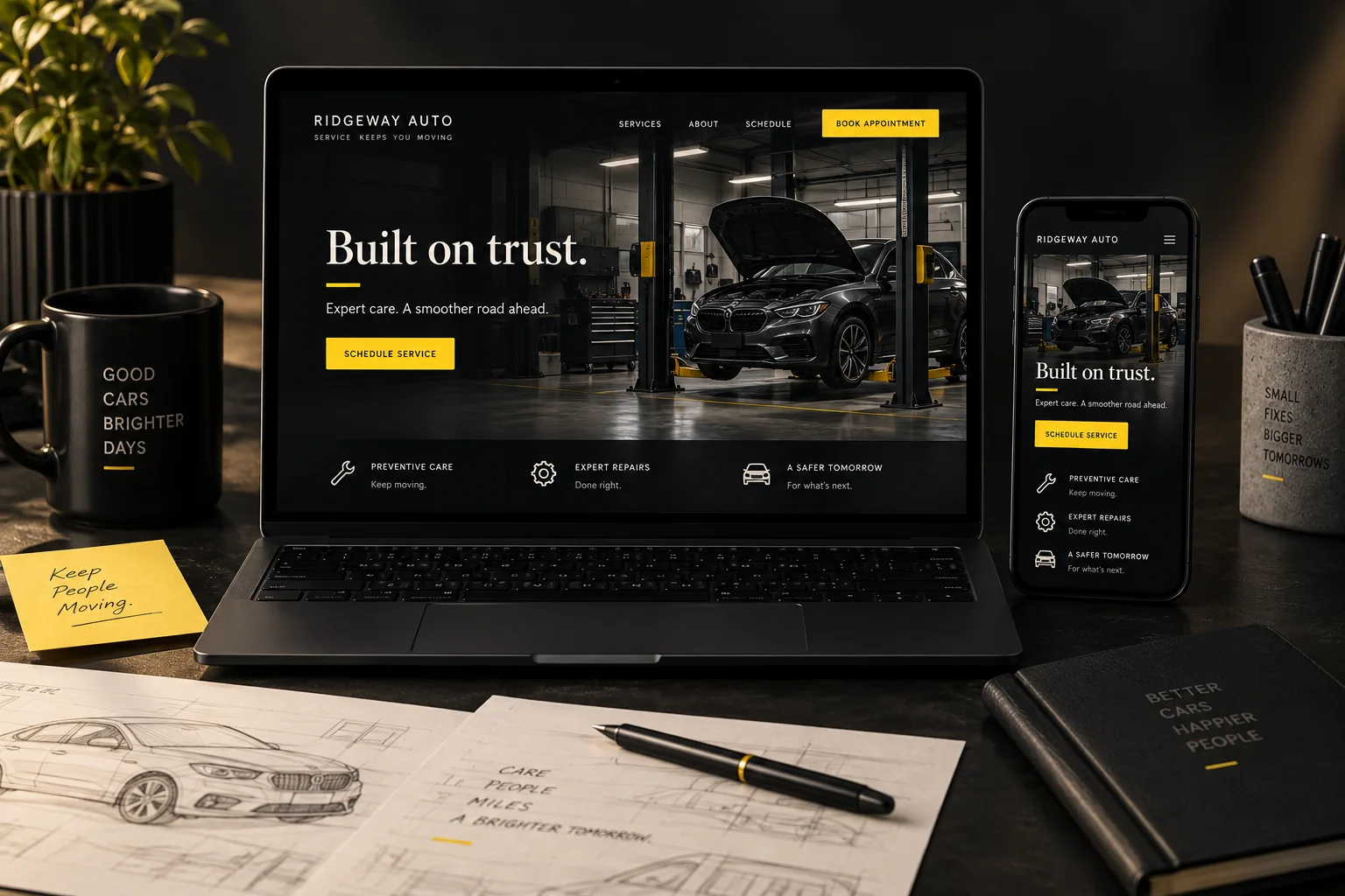 An auto repair website concept displayed on a laptop and phone beside a yellow notebook